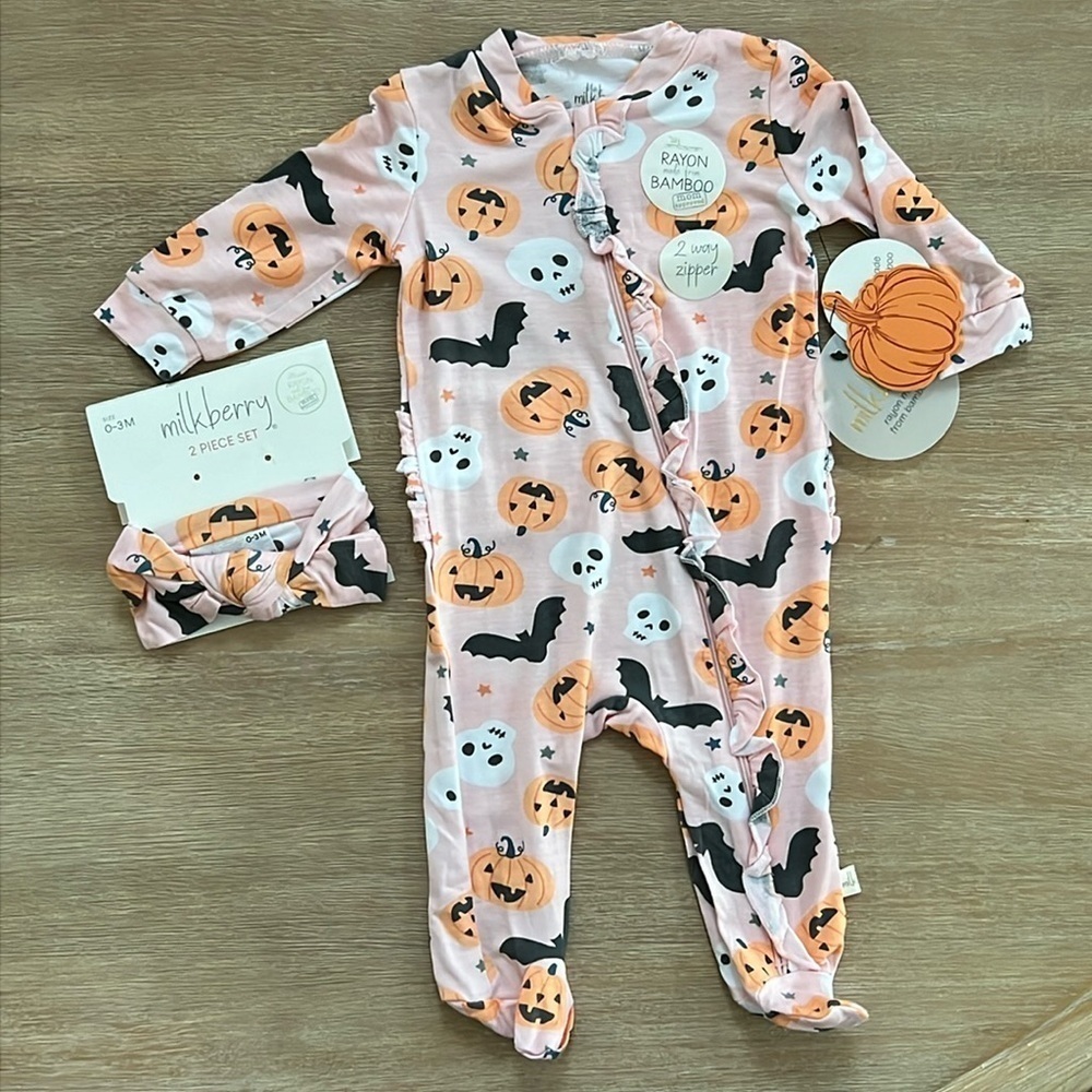 🎃 Milkberry Baby Girl Bamboo Footie Headband Pink Halloween 0-3 3-6 6-9 months